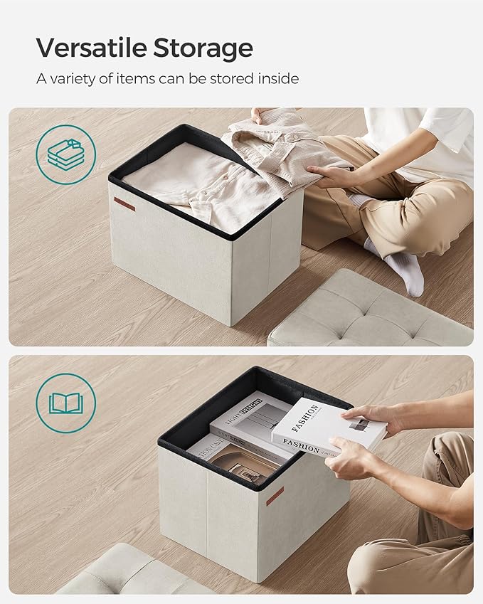 SONGMICS Storage Ottoman, Foldable Small Ottoman Foot Rest, 12.2 x 16.1 Inches Foot Stool, OAD up to 286 lb, for Living Room, Bedroom, Dorm, Cream White ULSF200W01