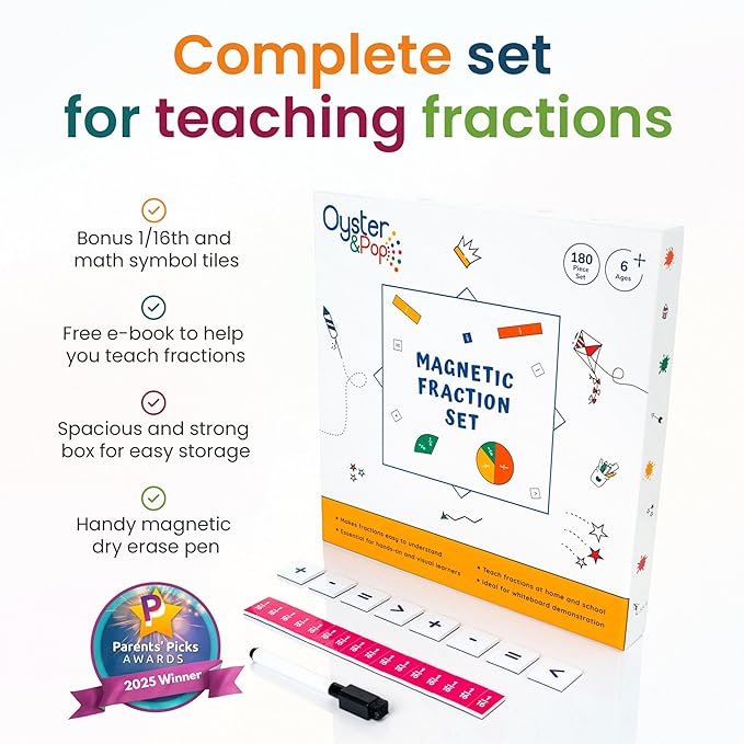 Oyster&Pop 180pcs Award-Winning Fraction Manipulatives for Kids - Large Magnetic Fraction Tiles & Circles for Teaching Fractions - Hands-On Math Learning Games - Includes E-Book Guide