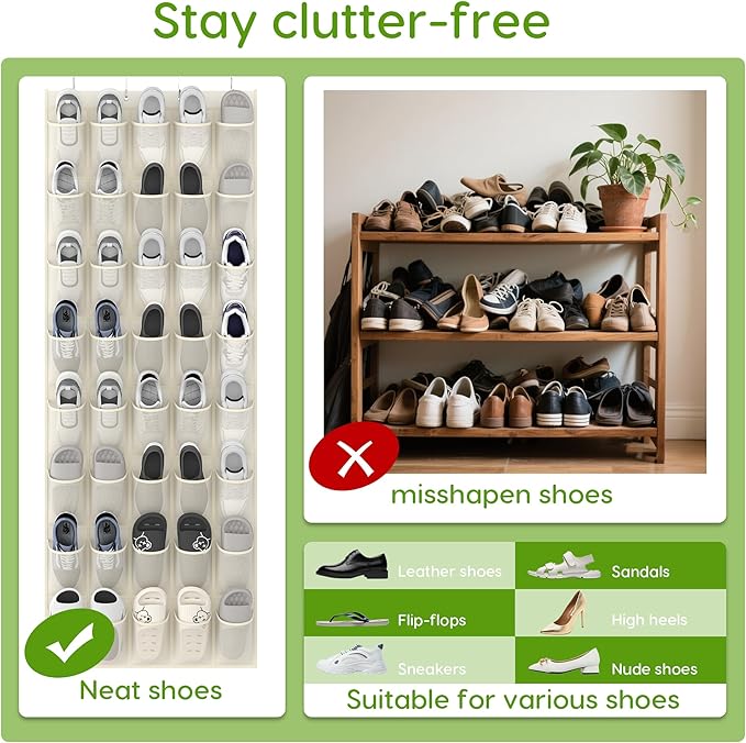 Unjumbly Over the Door Shoe Organizer with 40 Large Breathable Mesh Pockets, Space Saving Shoe Holder, Hanging Shoe Rack for Entryway Bedroom Closet Storage (Beige, 40 Pockets)