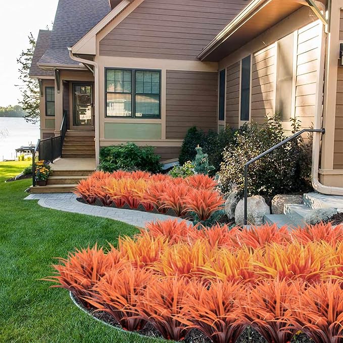 8 pcs Fall Artificial Flowers for Decoration, Fake Artificial Tall Grass Plants for Outdoors, Orange Faux Tropical Greenery Autumn Front Porch Patio Garden Outside Plastic Shrubs Bushes