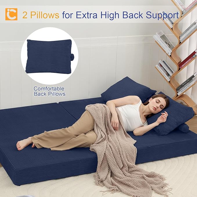 COMAX Convertible Sofa Bed, Folding Floor Couch Corduroy Fold Out Couch Bed Futon Sleeper Mattress with Pillows, Boneless Sofa Comfy Lounge Loveseat for Living Room Bedroom, Navy