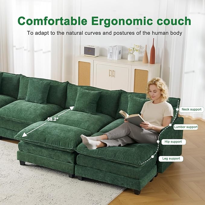 111.4" U Shaped Cloud Couch Sectional with 2 Ottoman｜Modular Chenille Sofa with 29.1" Deep Seat｜FSC Solid Wood Frame｜Easy Assembly & 1YR Guarantee｜for Living Room Bedroom Apartment