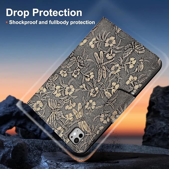 Gexmil Leather Case for iPad Pro 11 Inch M5/M4 2025/2024Crocodile Brown | Genuine Leather CoverPencil HolderMagnetic ClosureSmart Folio Auto Sleep/WakeProtectiveAdjustable Stand