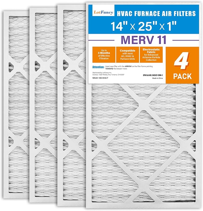 LotFancy 14x25x1 Air Filter MERV 11 4-Pack, Electrostatic Pleated AC Furnace