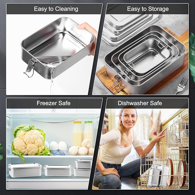 Umigy 8 Pcs Stainless Steel Food Containers 550/850/1400/2400 ml Metal Bento Lunch Box Stainless Steel Food Storage Containers, Lockable Clips to Leak Proof, Reusable Dishwasher Snack Boxes for Work
