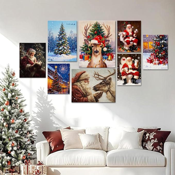 Vintage Christmas Tree and Fireworks Canvas Wall Art - Festive Framed Canvas Prints for Home Office Decor, Rustic Christmas Wall Art Picture, Ideal Christmas Gifts & Festive Decorations