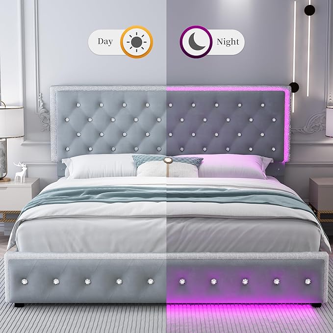 King Led Bed Frame with 2 Drawers, Upholstered Storage Platform Bed Frames with Crystal Button Tufted Headboard, Solid Slats Support, Noise Free, No Box Spring Needed, Velvet Grey