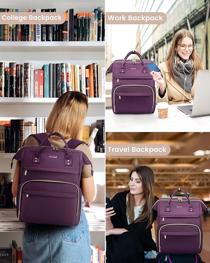 LOVEVOOK Laptop Backpack Women, 15.6 Inch Backpack with Charger, Water Resistant Teacher Bag Work Backpack with Laptop Compartment for Travel Business College, Dark Purple