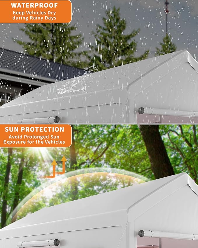Garvee 10x20 Carport Canopy, Heavy Duty Car Port with Waterproof Tarp, Roll-Up Windows & Doors, Outdoor Portable Garage with Removable Sidewalls, for Car, Boat, Truck, Motorcycle, White