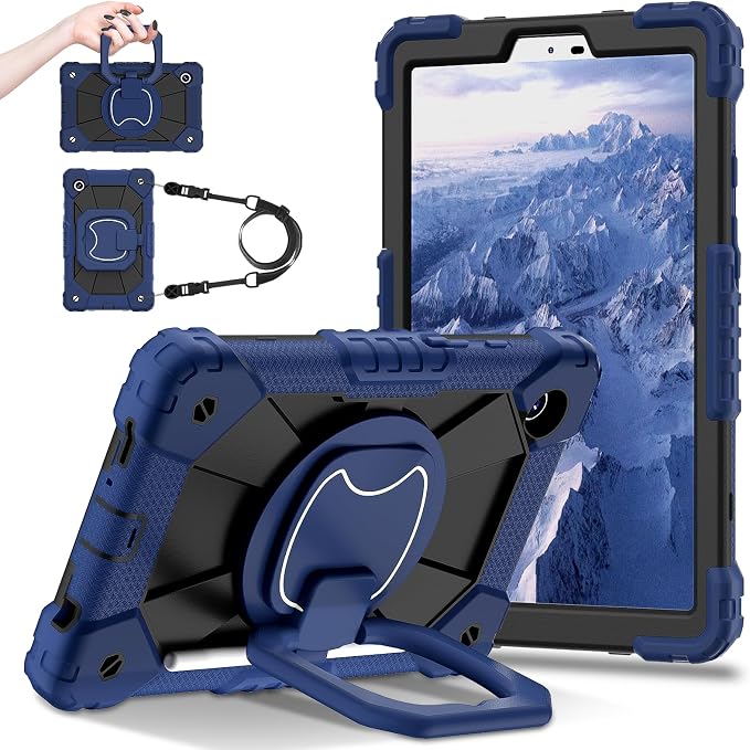 for Samsung Galaxy Tab A9/A11 8.7-Inch 2023/2025 Case.【NO A9+ Plus】 360 Rotating Stand Shoulder Strap Heavy Duty Shockproof Protective Silicone Case (Black)