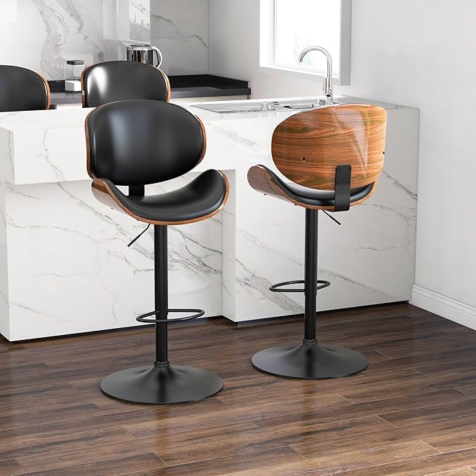Adjustable Swivel Bar Stools Set of 3, Modern Bentwood Barstool with Large Metal Base and Footrest, PU Leather Upholstered Bar Chair with Curved Back for Kitchen Island Dining Room, Black