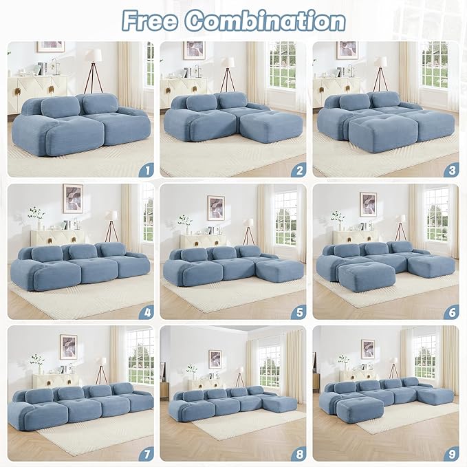 116" Modern Corduroy Cloud Sofa with Ottoman, L Shaped Boneless Modular Large Sectional Couches for Living Room, Blue 3 Seater Compressed Memory Foam Couch, Extra Deep Seat, No Assembly