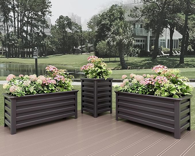 Aluminum Rectangular Outdoor Planter 39.36" Long Box Planter for Patio Porch Indoor Outdoor Weather-Resistant Large Planters with Drainage Hole for Flowers, Dark Brown, 19.68"D x 39.36"W x 19.68"H