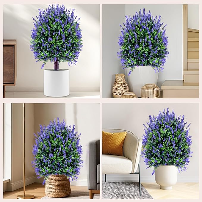 Fake Lavender Plant Set of 2: 24" Tall Outdoor Artificial Plants with Ground Spike, UV Resistant for Indoor/Outdoor Decor