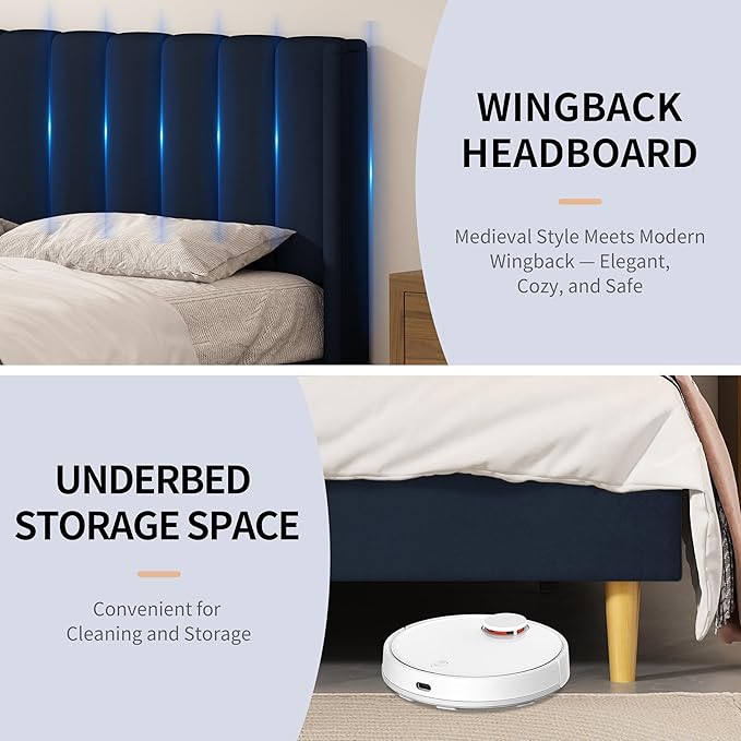 King Size Upholstered Platform Bed Frame with Modern Wingback & Vertical Panel Headboard, Linen Fabric, Wooden Legs & Slats Support, No Box Spring Needed, Noise-Free & Easy Assembly, Dark Blue