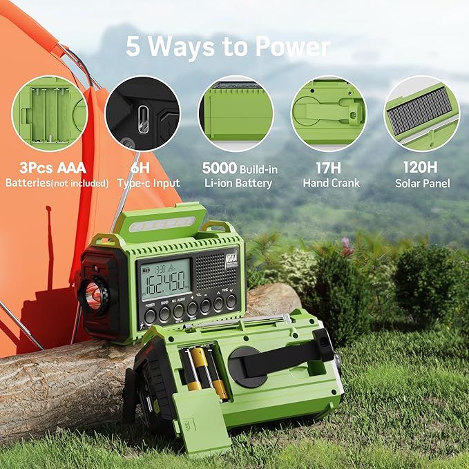 Emergency Radio,5000 NOAA Weather Radio with AM/FM/NOAA/SW,SOS Battery Operated Radio,5 Way Powered Emergency Hand Crank with USB Charger, Flashlight, Reading Lamp, Headphone Jack for Outdoor