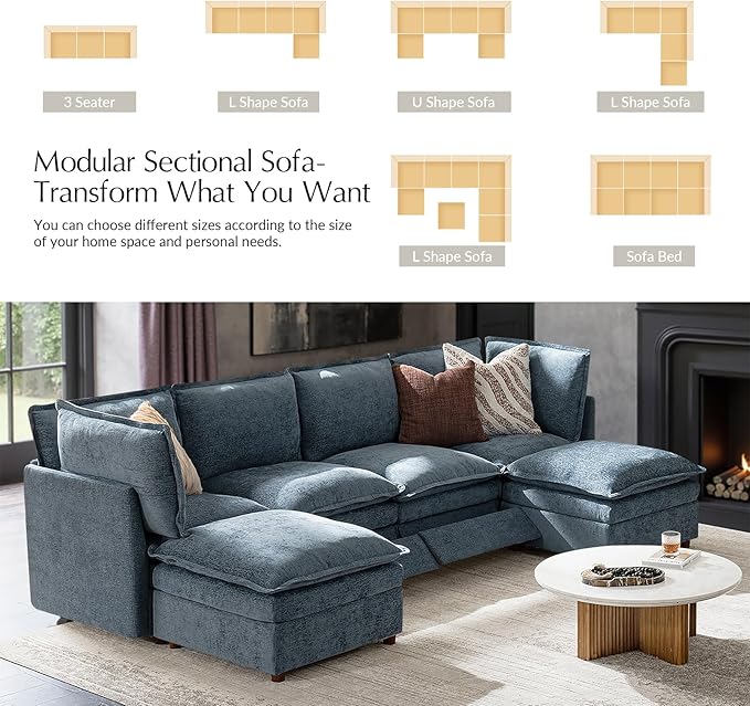 HULALA HOME 128'' Power Recliner Sofa with Dual-Layered Cushions, Oversized Modular Sectional Sofa U Shaped Couch with Storage Ottoman, 6 Seater Cloud Couch for Living Room, Blue