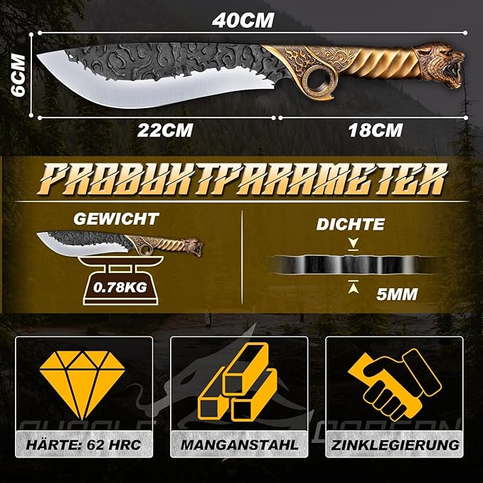 Purple Dragon Heavy Duty Machete for Cutting Trees – Japanese Forged Survival Machete with Tiger Head Handle, Gardening Machetes with Leather Sheath, Yard Work & Outdoor Camping Machetes
