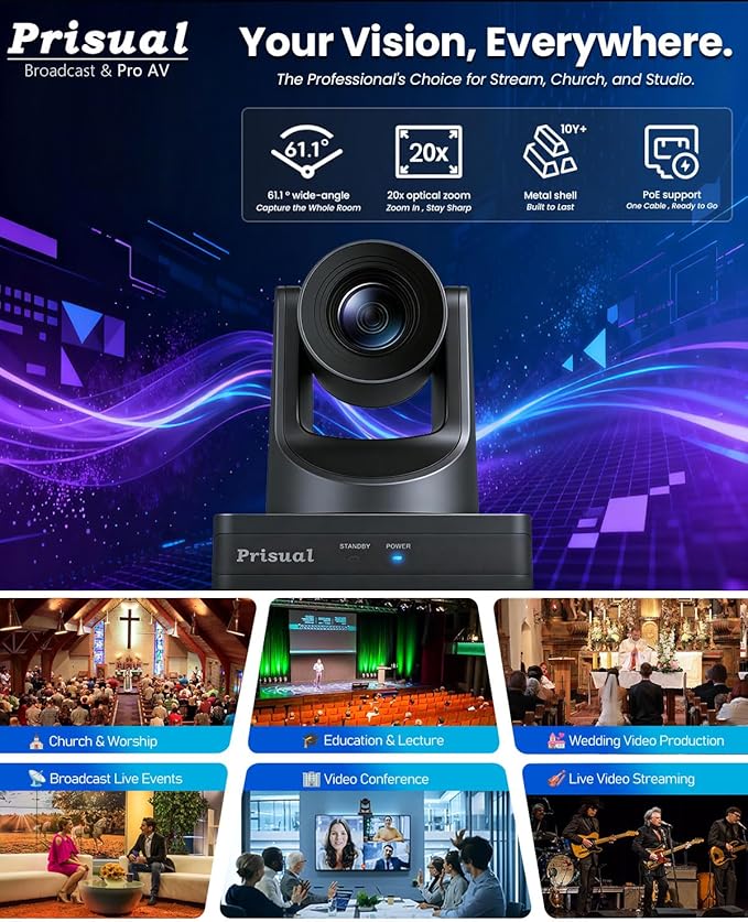 Prisual NDI 6.1.1 PTZ Camera, Ai Auto-Tracking, 20x Optical Zoom LAN USB3.0 PoE HDMI PTZ Camera for Church Services Worship Education Live Events(Official NDI Certified) PT20X-UL-N