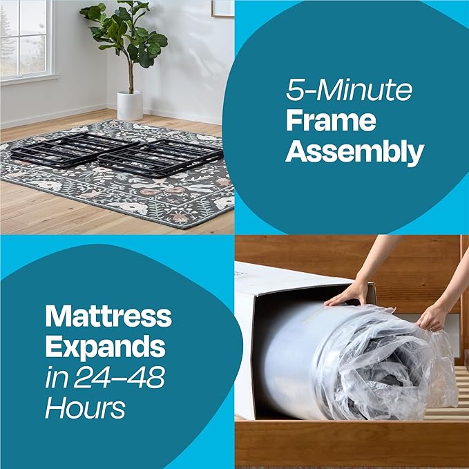 Linenspa 12” Memory Foam and Innerspring Hybrid Mattress + 14” Black Metal Platform Bedframe – Queen Mattress + Metal Folding Queen Bedframe