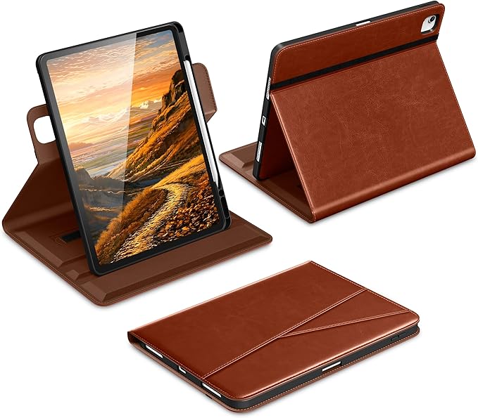 DTTO for iPad Air 13 Inch Case M4 / M3 / M2 (2026/2025/2024) 360 Degree Rotating Premium Leather Folio Stand Cover with Pencil Holder Brown