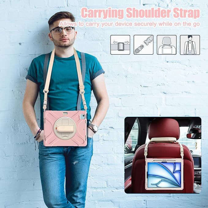 Batianda VortiGrip Case for iPad Air 11 M2/M3/M4 2024-2026 Colorful Blue | Heavy Duty Triple-Layer Rugged Case with 360° Rotating Hand Strap Foldable Hidden Stand Shoulder Strap and Pencil Holder