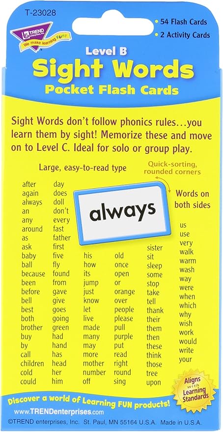 Trend Enterprises: Sight Words Level B Pocket Flash Cards, Great for Skill Building and Test Prep, 56 Two-Sided Cards Included, 108 Commonly-Used Words, for Ages 5 and Up