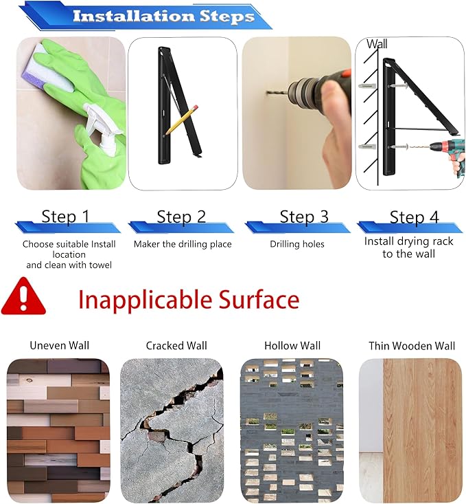 Dr.DJ Clothes Drying Rack Wall Mounted, Retractable & Foldable Clothes Hanger for Laundry Room Organization and Storage, Clothes Hanger Rack for Dorm, Closet, Balcony, Laundry Room(1P, Metal, Black)