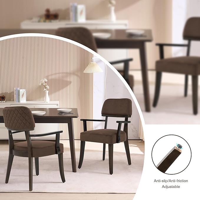 Modern Wood Dining Chairs with Arms Set of 6, Velvet Upholstered Kitchen Chairs with Open Curved Backrest & Black Hardwood Legs, Accent Chairs 350 LBS Capacity, Brown