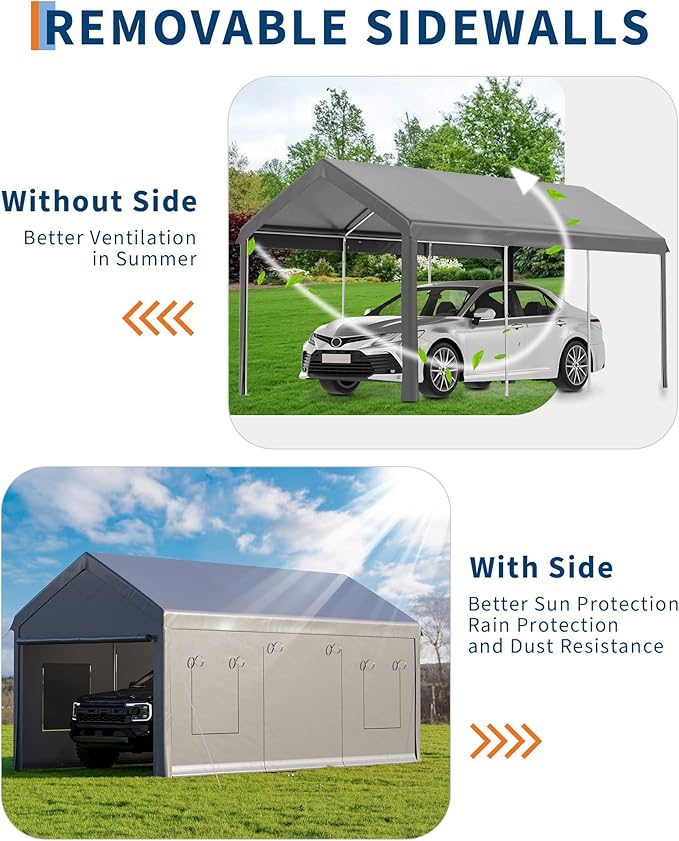 Garvee 10x20 Carport Canopy, Heavy Duty Car Port with Waterproof Tarp, Roll-Up Windows & Doors, Outdoor Portable Garage with Removable Sidewalls, for Car, Boat, Truck, Motorcycle, Grey