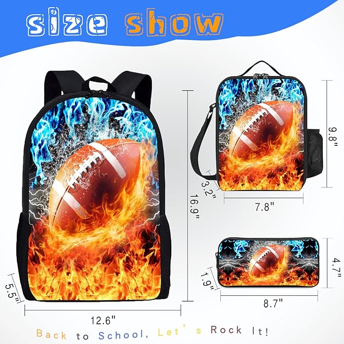 3PCS Football Backpack Set for Boys, Lightweight Large Backpack with Lunch Box & Pencil Case, Cool Sport Bookbag for Kids, Back to School Backpacks for Elementary & Middle School - 01