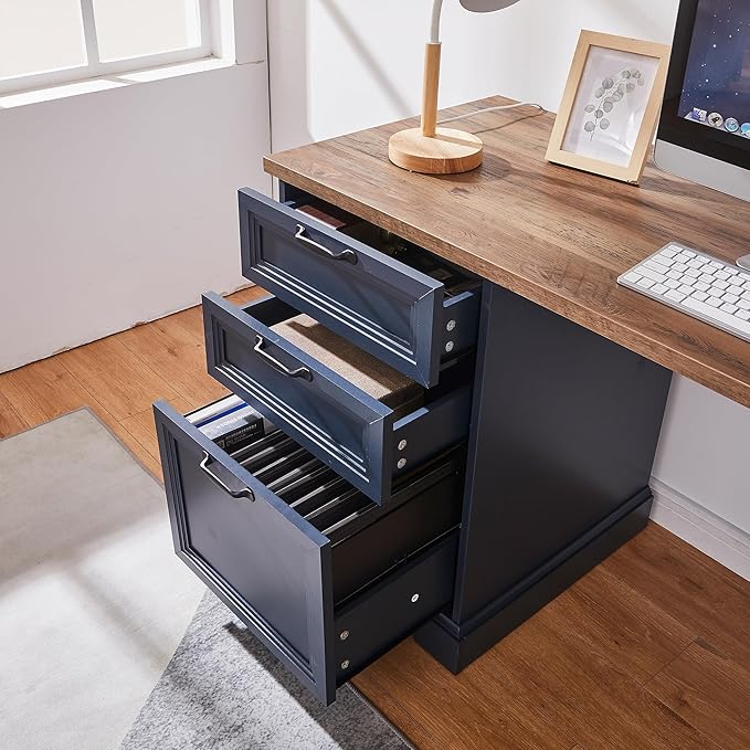 60" Farmhouse Executive Desk with Charging Station,Home Office Desk with 2 Drawers &1 File Cabinet,Wood Work Desk for Office and Home (Blue)