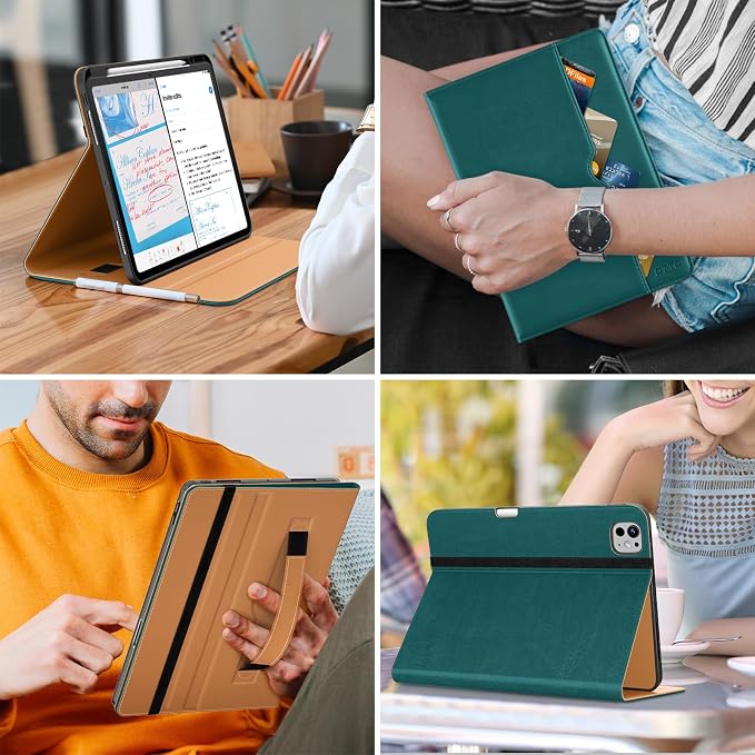 DTTO for iPad Pro 13 Inch Case (M5) 2025 / (M4) 2024 Brown | Premium Leather Business Cover with Pencil Holder Hand Strap &amp Pocket Corner Protection Auto Sleep/Wake Multiple Angles