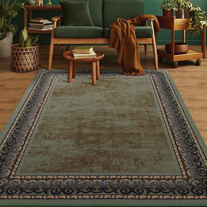 Antep Rugs Alfombras Bordered Modern 5x7 Non-Slip (Non-Skid) Low Pile Rubber Backing Indoor Area Rug (Green, 5' x 7')