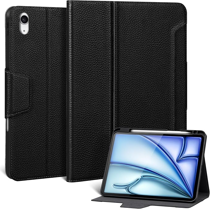 Case for iPad Air 11 M4/M3/M2 5th/4th Gen 10.9 Black | Genuine Leather Pencil Holder Magnetic Closure Smart Cover Auto Wake/Sleep Adjustable Stand