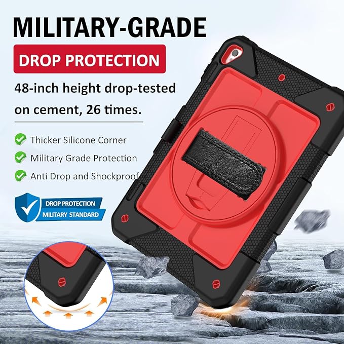 BMOUO Case for iPad 6th/5th Generation Case (9.7 inch 2018/2017) 360°Rotating Stand Hand/Shoulder Strap Shockproof iPad 9.7” Case for iPad Air 2 Black