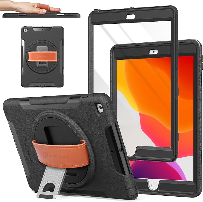 New Trent iPad 9th Generation 8th Generation 7th Generation Stronger Kickstand Full Body case with Rotational Hand Strap &amp Screen Protector 2021 2020 2019 (with Pencil Holder)