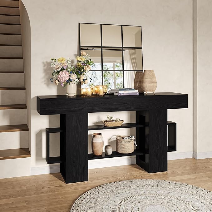 Feonase 63 Inches Long Console Table for Entryway, Wooden Sofa Table Behind Couch with 3-Tier Storage, Modern Narrow Entry Hallway Table for Living Room Foyer Entrance, Black