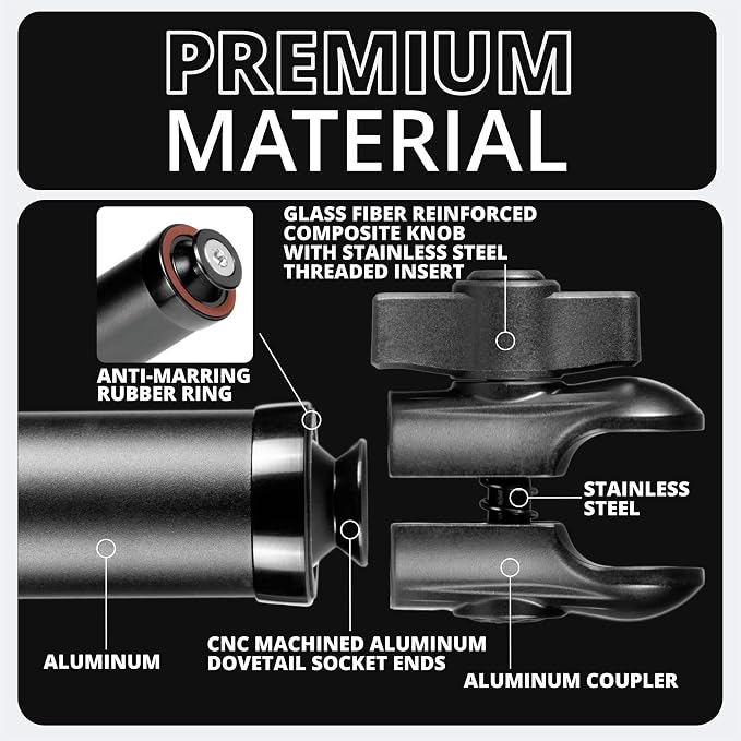 Tackform 10 Long 20mm Ball and Socket Arm DuraLock 20 Series Aluminum Tube Arm | Dual 20mm Sockets and Optional Anti-Theft Knobs | Black