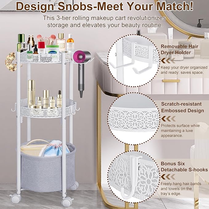 Makeup Organizer Cart with Hair Dryer Holder, 3-Tier Round Rolling Makeup Cart, Small Space Floor Vanity Organizer Cosmetic Display Cases for Skin Care Perfume Nail Polish Brush Tools, White
