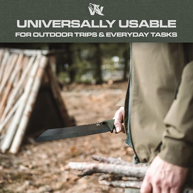 ODENWOLF W Machete - Survival Machete Full Tang with Sheath - Strong D2 Steel Knife Machete for Cutting Trees, for Yard Work, and for Bushcrafting and Big Tactical Knife with TPE-Handle