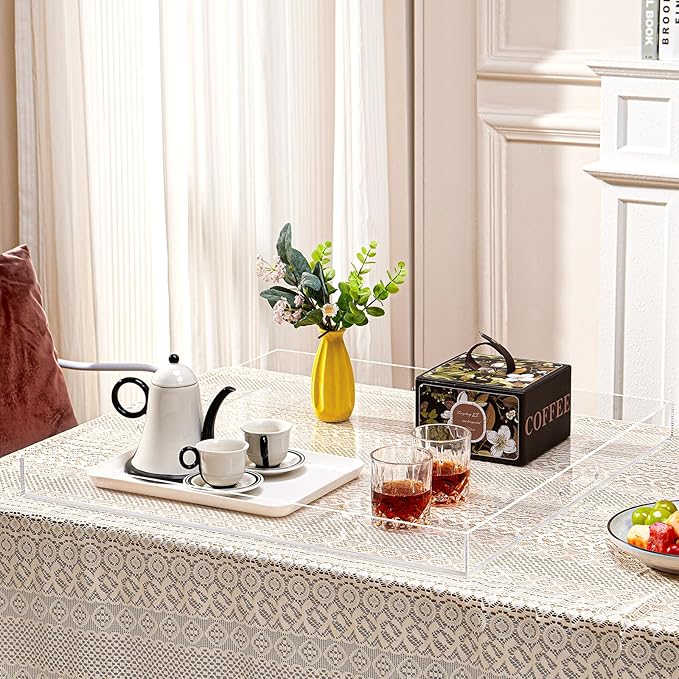 17×17 inches Oversized Clear Acrylic Ottoman Tray Extra Large Decorative Tray Spill-Proof Serving Trays with Handles King-Size Safe Edge Organizer for Coffee Table Countertop Breakfast