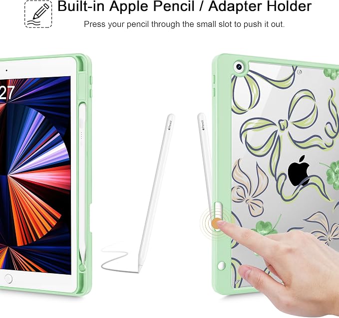 Case for iPad 9th/8th/7th Generation 10.2-Inch (2021/2020/2019 Release) with [Built-in Pencil Holder] Shockproof Cover with Clear Transparent Back Shell &amp Auto Wake/Sleep - Blue Bows