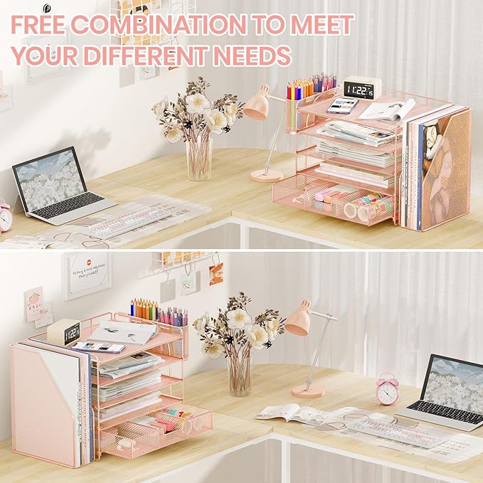 Desk Organizers and Accessories with File Holder, 5-Tier Office Desk Accessories & Workspace Desktop Organizer with Drawer and 2 Pen Holder, File Paper Organizer for Office Supplies(Rose Gold)
