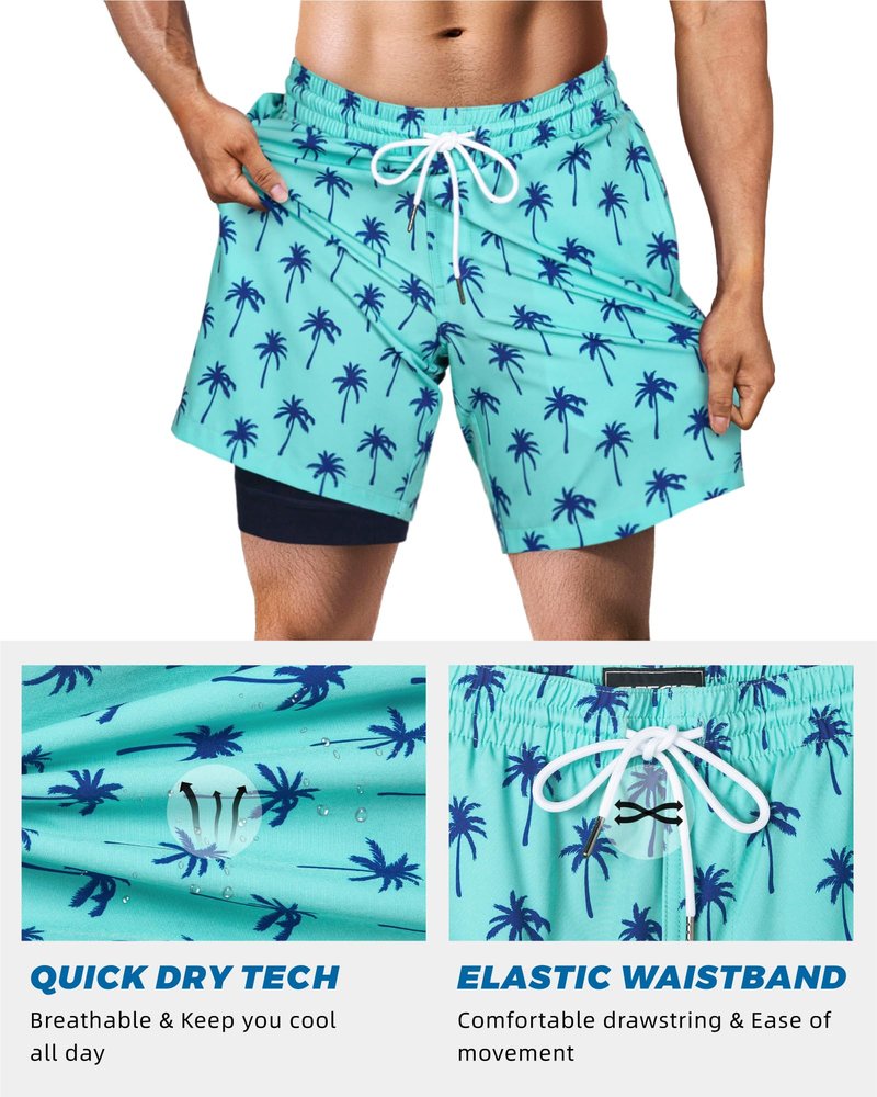 SURF CUZ Mens Swim Trunks with Compression Liner Quick Dry Swim Shorts 7" Swimming Trunks Stretch Zipper Pockets,Green Palm,XXL
