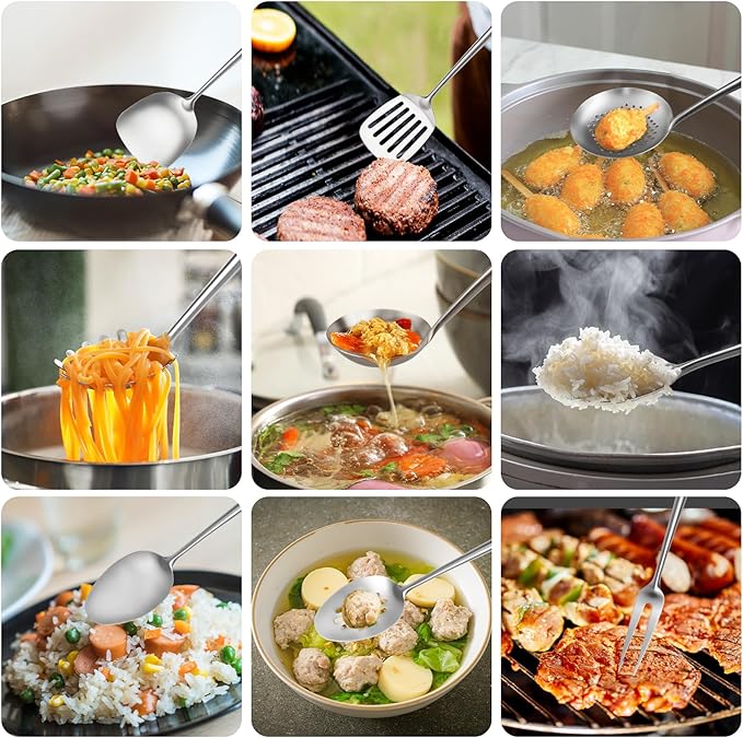 18/10 Stainless Steel Cooking Utensils Set,9 Pcs Professional All Metal Stainless Steel Kitchen Utensils Set with Wok Spatula,Soup Ladle,Skimmer,Slotted Spatula Turner, Large Spoon(Dishwasher Safe)