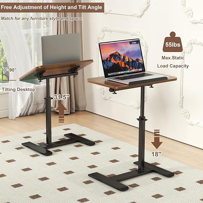 Adjustable Height C Shaped Side Table,360°Swivel Overbed Table,Top Tilting Laptop Stand Table with Hidden Wheels,Mobile Couch End Tables that Slide under,Rolling TV Coffee Table for Sofa/Bed(walnut)
