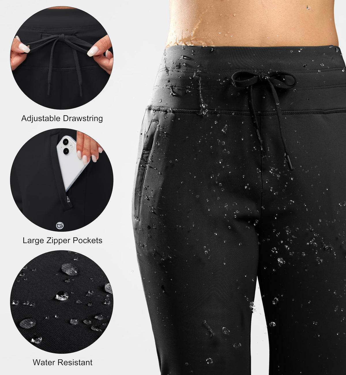G Gradual Women's Fleece Lined Joggers High Waisted Water Resistant Thermal Winter Sweatpants Running Hiking Pockets(Black, M)