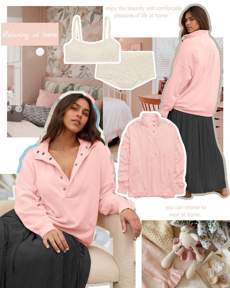 Gacaky Sweatshirt for Women Oversized Casual Long Sleeve Button Henley Neck Pullover Tops Fashion Outfits Clothes Pink XS