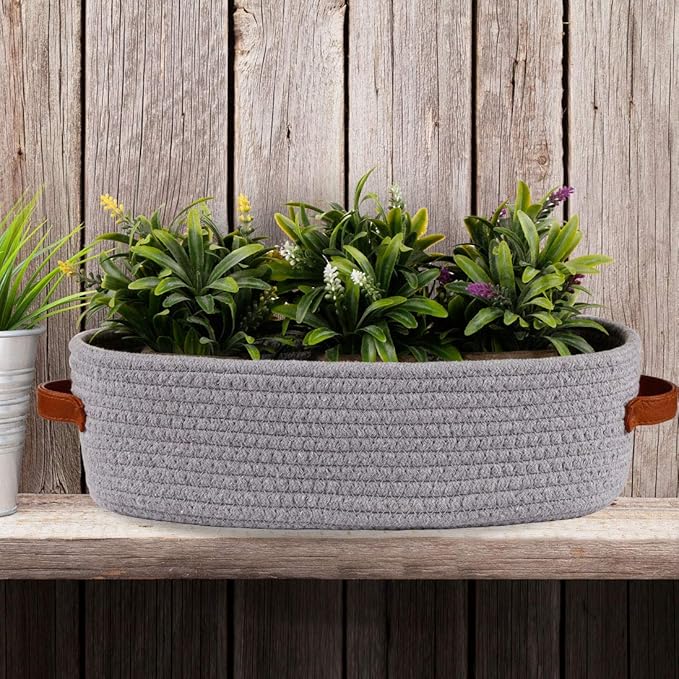 Cotton Rope Small Woven Toilet Paper Room Storage Basket with Handles for Bathroom, 13"x5.9"x4" Gary